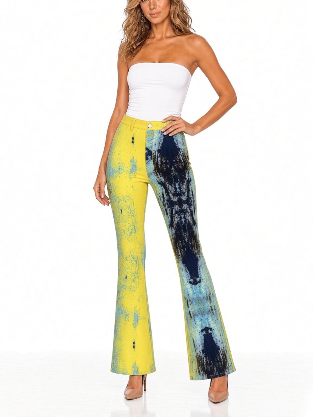 FINESSE Thea Abstract Print High Rise Flare Pants Blue Yellow M NWOT